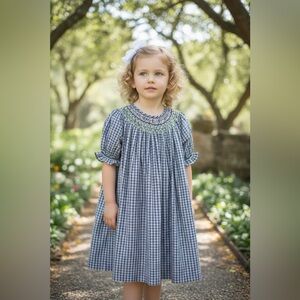 The Plantation Shop Vintage Girl Smocked Bishops Blue and White Plaid Dress